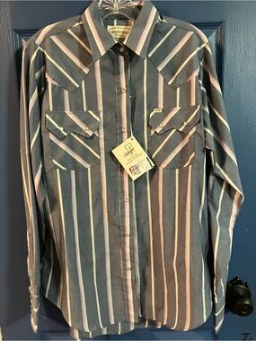 Womens Striped Western Shirt — Blue/White/Pink